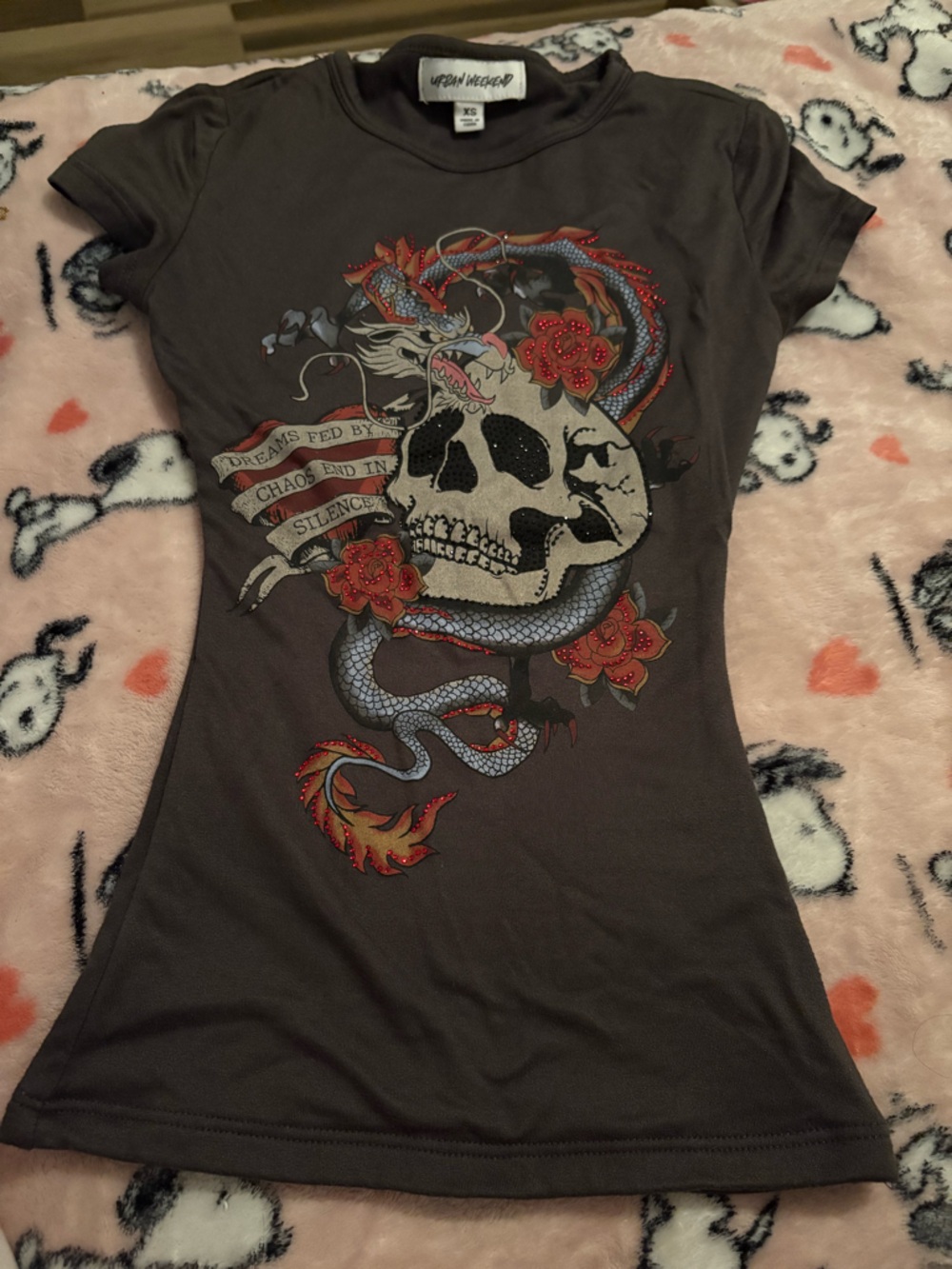Urban Behavior Brown Short-Sleeve Tee with Skull, Snake & Red Floral Graphic